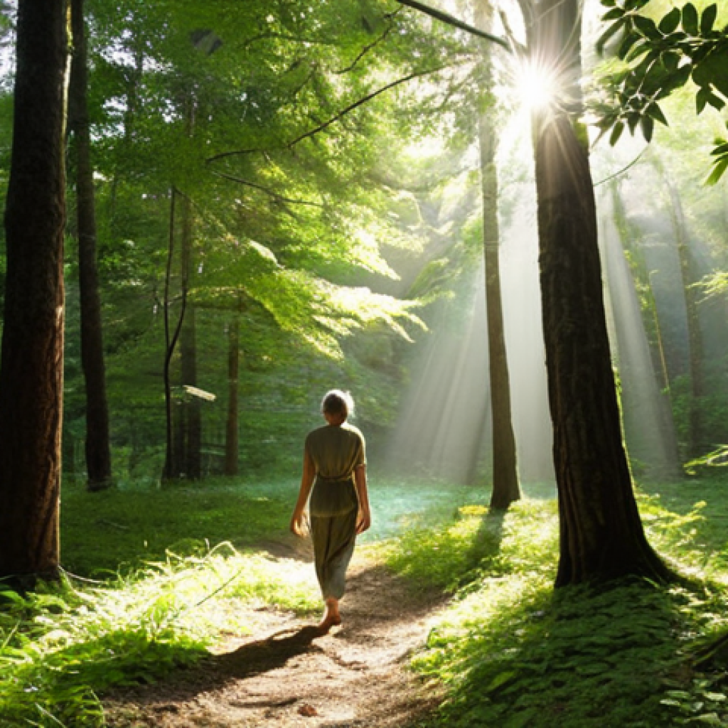 **Prompt 1: Personal Nature Healing**
    A person walking mindfully and serenely through a sun-dappled, tranquil forest, appearing calm and restored. The atmosphere is peaceful, with light filtering through the leaves, emphasizing a sense of personal healing and stress relief found in nature.