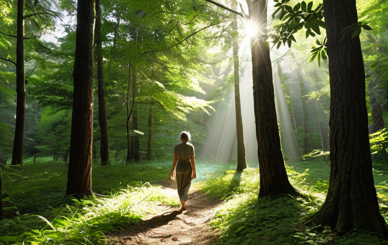 **Prompt 1: Personal Nature Healing**
    A person walking mindfully and serenely through a sun-dappled, tranquil forest, appearing calm and restored. The atmosphere is peaceful, with light filtering through the leaves, emphasizing a sense of personal healing and stress relief found in nature.