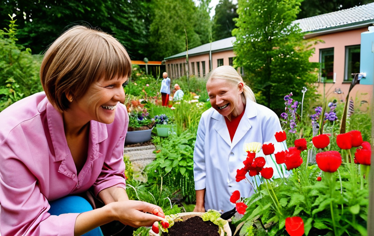 ** A group of patients participating in "Trädgårdsterapi" (garden therapy) at a Swedish hospital. Show them tending to plants in a garden, with some smiling and interacting. The scene should convey a sense of peace, purpose, and connection with nature. Focus on the hopeful expressions of the patients and the vibrant colors of the plants.

**