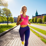 **Image Prompt:** A young, stylish Swedish woman in trendy workout clothes smiling confidently while jogging through a sun-drenched park in Stockholm. Focus on natural light and a sense of well-being. She's wearing colorful running shoes and has wireless earbuds in. The background shows glimpses of typical Swedish architecture.